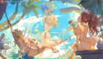  3girls ass backboob ball beachball blonde_hair blue_sky bottle breasts brown_hair cloud crown cup cutesexyrobutts day drink from_behind green_one-piece_swimsuit highres holding holding_cup jumping large_breasts long_hair looking_at_viewer lying mario_(series) multiple_girls on_back one-piece_swimsuit outdoors palm_tree parasol patreon_logo patreon_username princess_daisy princess_peach red_footwear red_one-piece_swimsuit rosalina shoes sitting sky swimsuit tree umbrella volleyball yellow_one-piece_swimsuit 