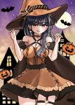  1girl bare_shoulders bat_(animal) blue_hair blush boku_no_kokoro_no_yabai_yatsu breasts brown_cape cape cleavage closed_mouth dark_blue_hair dress earrings full_moon halloween hands_up hat highres jack-o&#039;-lantern jewelry long_hair looking_at_viewer medium_breasts moon orange_dress orange_headwear shyaruru single_earring skull_earrings solo thigh_strap tongue tongue_out two_side_up witch_hat yamada_anna yellow_eyes 