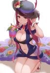  1girl bare_shoulders black_headwear blue_one-piece_swimsuit breasts cleavage clothing_cutout dress dress_swimsuit drink drinking_straw expressionless fire_emblem fire_emblem_engage fire_emblem_heroes haru_(nakajou-28) highres ivy_(fire_emblem) ivy_(summer)_(fire_emblem) large_breasts long_hair looking_at_viewer mole mole_under_mouth official_alternate_costume one-piece_swimsuit purple_eyes purple_hair see-through_headwear stomach stomach_cutout swimsuit tropical_drink 
