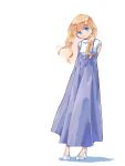  1girl arms_behind_back blonde_hair blue_eyes blush closed_mouth dress full_body high_heels highres long_hair looking_at_viewer maribel_hearn nama_udon purple_dress shirt short_sleeves simple_background smile solo standing touhou white_background white_footwear white_shirt 