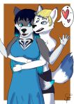  2022 animal_humanoid anthro blonde_hair blue_body blue_clothing blue_dress blue_eyes blue_fur blue_hair bottomwear breasts canid canine canis clothed clothing colored digital_drawing_(artwork) digital_media_(artwork) domestic_dog dress duo embrace female fur gradient_hair grey_body grey_fur hair hi_res hug humanoid male male/female mammal multicolored_body natsutheott open_mouth pinup pose romantic romantic_couple shorts simple_background smile surprise tail white_body white_fur wolf 