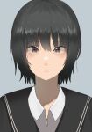  1girl :| amagami black_cardigan black_hair black_sailor_collar blue_background brown_eyes cardigan cchicken4256 close-up closed_mouth commentary expressionless eyelashes hair_between_eyes hair_strand highres kibito_high_school_uniform light_blush lips looking_at_viewer nanasaki_ai no_neckwear open_collar portrait sailor_collar school_uniform shirt short_hair simple_background solo straight-on upturned_eyes 