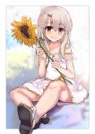  1girl absurdres bangs bare_shoulders blush breasts dress fate/kaleid_liner_prisma_illya fate_(series) flower grin hair_between_eyes highres illyasviel_von_einzbern kebab_(blackdoll) long_hair looking_at_viewer red_eyes sandals sidelocks sitting small_breasts smile solo sunflower white_dress white_hair 