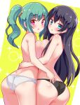  2girls :o ass black_hair black_panties blue_eyes blush breast_press cougar_(cougar1404) crotch_seam from_behind green_hair hair_tie hug light_frown long_hair looking_at_viewer looking_back multiple_girls open_mouth original panties purple_eyes side_ponytail sparkle standing string_panties symmetrical_docking topless underwear underwear_only white_panties 