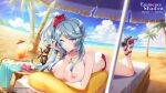  1girl arms_up ass beach bikini blue_hair breasts cleavage epsilon_(kage_no_jitsuryokusha_ni_naritakute!) highres jewelry kage_no_jitsuryokusha_ni_naritakute! large_breasts necklace nipples non-web_source nude_filter purple_eyes red_bikini sandals sunglasses swimsuit third-party_edit 