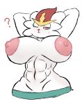  abs areola big_breasts bodily_fluids breasts cinderace curvy_figure female fur generation_8_pokemon half-closed_eyes hands_behind_head hi_res hoodie_stalker huge_breasts lagomorph looking_at_viewer mammal muscular muscular_female narrowed_eyes nintendo nipples one_eye_closed pokemon pokemon_(species) question_mark red_eyes simple_background solo sweat voluptuous white_background white_body white_fur wide_hips 