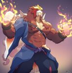  anthro asian_clothing brown_body brown_fur clothed clothing entei fur generation_2_pokemon hi_res legendary_pokemon looking_at_viewer male muscular nintendo nipples pokemon pokemon_(species) red_eyes simple_background solo voviat 