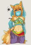  2023 absurd_res altern015 alternate_species anthro armwear blonde_hair blue_eyes blush breath_of_the_wild canid canine canis claws clothed clothing crossdressing ear_piercing ear_ring fur furrification gerudo_outfit girly hair hi_res link link_(wolf_form) looking_at_viewer male mammal navel nintendo piercing ring_piercing signature simple_background solo speech_bubble the_legend_of_zelda veil white_body white_fur wolf yellow_body yellow_fur 