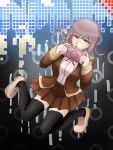  1girl :o black_thighhighs blunt_bangs breasts brown_jacket brown_skirt danganronpa_(series) danganronpa_3_(anime) flipped_hair handheld_game_console hands_up holding holding_handheld_game_console hope&#039;s_peak_academy_school_uniform jacket kirin_(suzoke_1) large_breasts nanami_chiaki neck_ribbon no_hair_ornament open_clothes open_jacket pink_eyes pleated_skirt ribbon school_uniform shirt shirt_tucked_in shoes skirt solo teeth thighhighs upper_teeth_only 