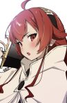  1girl ahoge black_hairband blush eris_greyrat hair_between_eyes hairband highres holding holding_sword holding_weapon long_hair looking_at_viewer mushoku_tensei open_mouth red_eyes red_hair simple_background solo sword tochi_keisuke weapon white_background 