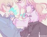 1boy 1girl black_bow blonde_hair blue_eyes blue_sweater blush bow chinese_text closed_mouth collared_shirt commentary detached_sleeves dress_shirt eye_contact frilled_sleeves frills glasses h2o2 hoshino_ai_(oshi_no_ko) hoshino_ruby jewelry jirai_kei long_hair long_sleeves looking_at_another multiple_rings oshi_no_ko pink_eyes pink_shirt pout ring shirt short_hair siblings sidelocks sleeves_past_wrists star-shaped_pupils star_(symbol) sweatdrop sweater symbol-shaped_pupils translation_request twins white_shirt 