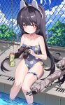  1girl animal_ears binoculars black_hair blue_archive blue_one-piece_swimsuit blue_sky bolt_action bright_pupils casual_one-piece_swimsuit chain-link_fence cloud collarbone day fake_animal_ears fence flat_chest floral_print frilled_one-piece_swimsuit frills gun highres long_hair miyu_(blue_archive) mosin-nagant ondo_(pixiv33569221) one-piece_swimsuit outdoors pool poolside rabbit_ears red_eyes rifle sky sniper_rifle soaking_feet solo strapless_one-piece_swimsuit swimsuit thermos water weapon white_pupils 