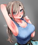  1girl arm_behind_head arm_up armpits artist_name bare_shoulders blue_eyes blush breasts brown_hair cleavage commentary_request eyes_visible_through_hair festa11307070 grey_background hair_between_eyes hair_over_one_eye kurusu_natsume kurusu_natsume_(1st_costume) large_breasts long_bangs long_hair looking_at_viewer multicolored_hair nijisanji open_mouth paid_reward_available presenting_armpit red_hair signature simple_background sleeveless smile solo streaked_hair two-tone_hair upper_body variant_set virtual_youtuber 