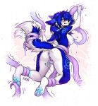  absurd_res anthro anus bdsm blue_body blue_fur blue_hair blush breasts canid canine canis f-r95 female fluffy fluffy_tail fur genitals hair hi_res mammal pawpads pussy solo tail tentacles wolf yellow_eyes 