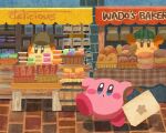  bag baguette basket blue_eyes blush_stickers bread brioche closed_mouth deerstalker food hat holding holding_bag kirby kirby_(series) loaf_of_bread market miclot no_humans outdoors pink_footwear shoes stone_floor tote_bag waddle_dee walking 