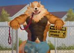  2023 9klipse abs anthro arcanine arm_tuft armpit_hair beware_of_dog black_body black_fur black_nipples blue_bottomwear blue_clothing blue_eyes blue_shorts bodily_fluids body_hair bottomwear building canid canine claws clothing collar ear_piercing ear_ring elbow_tuft fence finger_claws fur gate generation_1_pokemon hi_res house leash leashed_collar looking_at_viewer male mammal muscular muscular_anthro muscular_male navel neck_tuft neighborhood nintendo nipples obliques open_mouth orange_body orange_fur pecs piercing plant pokemon pokemon_(species) power_lines pubes ring_piercing saliva shorts shorts_only shrub sign signature solo striped_body striped_fur stripes sweat tongue tongue_out tree tuft 