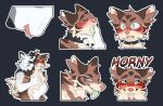  anthro arctic_wolf ashen_(maledictionz) blue_eyes breasts brown_body brown_fur canid canine canis collar coyote duo female feral fur hi_res male male/female mammal misha_(takomishadow) solo stickers takomishadow tongue tongue_out touching_thigh white_body wolf 