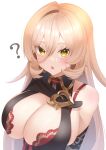  1girl ? absurdres black_dress blonde_hair bra breasts chestnut_mouth cleavage collared_dress curly_hair dress eyelashes fang flipped_hair hair_between_eyes highres large_breasts light_blush long_hair looking_at_viewer nijisanji nui_sociere open_mouth red_bra revealing_clothes seele0907 shoulder_blush simple_background single_bare_shoulder skin_fang solo underwear upper_body virtual_youtuber white_background yellow_eyes 