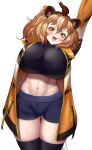  1girl :3 animal_ears arm_behind_head arms_up black_thighhighs blue_shorts blush breasts brown_eyes brown_hair crop_top fang highres huge_breasts kemono_friends large_breasts lion_(kemono_friends) lion_ears lion_girl lion_tail long_hair looking_at_viewer multicolored_hair navel neukkom open_mouth short_shorts shorts simple_background smile solo tail thighhighs white_background 