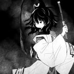  1other androgynous black_background closed_mouth detached_sleeves eye_of_senri greyscale half-closed_eyes hat hat_ribbon highres holding holding_rope japanese_clothes jinbei_(clothes) kariginu layered_sleeves len&#039;en long_sleeves looking_down looking_to_the_side monochrome ofuda ofuda_on_clothes other_focus retrochaossan ribbon rope senri_tsurubami short_hair smile solo turtleneck upper_body wide_sleeves 