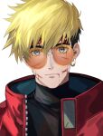  1boy black_hair black_shirt blonde_hair blood blood_on_face blue_eyes closed_mouth earrings glasses highres jacket jewelry looking_at_viewer male_focus orange-tinted_eyewear portrait red_jacket round_eyewear shirt short_hair simple_background single_earring solo tinted_eyewear trigun trigun_stampede tte_(t_ombi) undercut vash_the_stampede white_background 