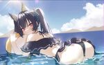  1girl angry animal_ears azema ball beachball bikini black_bikini black_hair blue_archive blue_ribbon blush cat_ears frilled_bikini frills from_behind hair_ribbon ocean partially_submerged ribbon serika_(blue_archive) serika_(swimsuit)_(blue_archive) solo sun swimsuit twintails water 