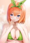  1girl absurdres bare_shoulders bikini blue_eyes blush breasts cleavage collarbone finger_to_mouth gibun_(sozoshu) go-toubun_no_hanayome gradient_background green_bikini green_hairband hairband hands_on_own_chest highres large_breasts looking_at_viewer nakano_yotsuba orange_background orange_hair parted_lips short_hair solo swimsuit upper_body 