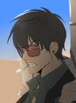  1boy beard_stubble black_hair black_jacket blue_sky cigarette clenched_teeth close-up dessert food holding jacket looking_at_viewer male_focus nicholas_d._wolfwood raine_(acke2445) shirt sky solo sunglasses teeth trigun 