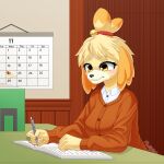  accessory animal_crossing blonde_hair book calendar canid canine canis cardigan clothed clothing desk domestic_dog female fluffy_hinu fur furniture hair hair_accessory hair_tie hi_res isabelle_(animal_crossing) mammal nintendo sitting solo table yellow_body yellow_eyes yellow_fur 