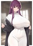  1girl absurdres black_robe blunt_bangs blurry blurry_background border breasts buttons closed_mouth cowboy_shot dress fern_(sousou_no_frieren) highres huge_breasts long_hair looking_at_viewer off_shoulder purple_eyes purple_hair robe solo sousou_no_frieren very_long_hair white_border white_dress wreath_(lit) 