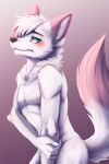  2017 anthro arm_tuft blue_eyes blush brown_nose canid cheek_tuft elbow_tuft facial_tuft fur glistening glistening_eyes hair hi_res kuttoyaki male mammal multicolored_hair narrowed_eyes neck_tuft nude pink_body pink_ears pink_fur pink_hair simple_background solo tuft two_tone_hair white_body white_fur white_hair 
