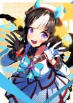  1girl absurdres animal_ears asymmetrical_gloves black_gloves black_hair blunt_bangs braid breasts ear_covers gloves highres hokko_tarumae_(umamusume) horse_ears horse_girl komekome_chonpa looking_at_viewer mismatched_gloves multicolored_hair open_mouth purple_eyes shirt smile solo star_(symbol) teeth twin_braids two-tone_hair umamusume upper_teeth_only white_gloves white_hair white_headwear white_shirt 