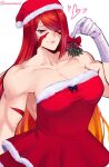  1girl abs arm_tattoo arm_up breasts closed_mouth collarbone dress facial_tattoo fur-trimmed_dress fur-trimmed_headwear fur_trim fuuma_kotarou_(tenkaichi) gloves hair_over_one_eye hat highres holding large_breasts lips long_hair moshimoooshii multicolored_hair muscular muscular_female one_eye_covered orange_hair red_dress red_eyes red_hair red_headwear santa_costume santa_hat short_dress simple_background smile strapless strapless_dress tattoo tenkaichi_nihon_saikyou_bugeisha_ketteisen twitter_username two-tone_hair upper_body very_long_hair white_background white_gloves 