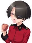  1girl black_hair blush breasts earrings girls_und_panzer green_eyes hair_over_one_eye highres jewelry kuzuryuu_kennosuke large_breasts looking_at_viewer military_uniform open_mouth piercing short_hair simple_background solo st._gloriana&#039;s_military_uniform tongue tongue_out tongue_piercing uniform upper_body white_background 