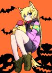  1girl alternate_costume animal_ear_fluff animal_ears armband bat_(animal) black_collar blonde_hair blue_eyes blush boots closed_mouth collar full_body hair_ornament halloween highres jack-o&#039;-lantern kill_me_baby long_sleeves looking_at_viewer octopus orange_background simple_background solo sonya_(kill_me_baby) tail twintails yachima_tana 