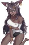  1girl absurdres ahoge animal_ear_fluff animal_ears bare_legs bare_shoulders barefoot black_hair black_shorts blush bracelet breasts character_request cleavage copyright_request dark_skin earrings eye_of_horus glasses grey_eyes highres jewelry large_breasts long_hair looking_at_viewer off-shoulder_shirt off_shoulder oli_kkwak open_mouth round_eyewear shirt short_shorts short_sleeves shorts simple_background sitting solo thighs very_long_hair wariza white_background white_shirt 