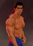  1boy abs bara bodysuit dark-skinned_male dark_skin esaart glowing glowing_eyes highres large_pectorals male_focus marvel mature_male miguel_o&#039;hara muscular muscular_male pectorals red_eyes signature solo spider-man:_across_the_spider-verse spider-man_(series) topless_male 