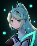  1girl 5casiosi breasts closed_mouth commentary earrings glowing green_eyes green_hair high_ponytail highres jewelry long_hair looking_at_viewer looking_to_the_side medium_breasts pneuma_(xenoblade) ponytail smile solo upper_body xenoblade_chronicles_(series) xenoblade_chronicles_2 
