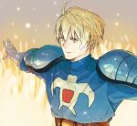  1boy ahoge armor belt blonde_hair final_fantasy final_fantasy_tactics fire gauntlets highres male_focus nini_tw99 outstretched_arms ramza_beoulve shoulder_armor solo yellow_eyes 