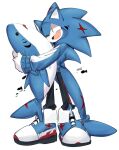  1boy animal_costume animal_hood fang fish furry furry_male highres hood male_focus open_mouth shark_costume shark_hood shoes simple_background smile solo sonic_(series) sonic_the_hedgehog standing stuffed_animal stuffed_shark stuffed_toy usa37107692 white_background 