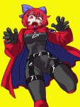  1girl absurdres bangs bow breasts cape eddybird55555 foot_out_of_frame hair_bow hands_up highres looking_at_viewer open_mouth red_cape red_eyes red_hair sekibanki short_hair simple_background solo standing standing_on_one_leg touhou uneven_eyes v-shaped_eyebrows yellow_background 