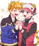  2boys :d animal_ears blonde_hair blue_oak blue_oak_(sygna_suit) blush bracelet closed_eyes commentary_request fang hand_up happy holding_hands jacket jewelry male_focus mochi_(mocchi_p_2m) multiple_boys necklace official_alternate_costume open_mouth pants paw_print pokemon pokemon_(game) pokemon_masters_ex red_(pokemon) red_(sygna_suit)_(pokemon) shirt short_hair skin_fang sleeveless_coat smile spiked_hair tail white_background 
