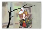 1boy animal_on_head armband bandaged_neck bandages bird bird_on_head black_jacket black_shirt blood brown_eyes brown_hair collared_shirt commentary_request e.g.o_(project_moon) employee_(lobotomy_corporation) fur-trimmed_jacket fur_trim green_armband hair_over_one_eye harvest_fes holding holding_mop jacket lobotomy_corporation long_sleeves mop on_head open_clothes open_jacket pecking project_moon punishing_bird red_sweater shirt short_hair sweater white_bird 