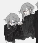  1boy black_jacket black_sweater blue_eyes braid closed_mouth hair_ornament heterochromia jacket koirariko long_sleeves looking_at_viewer multiple_views original parted_lips red_eyes sidelocks simple_background sweater upper_body white_background x_hair_ornament 