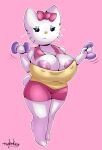  2023 anthro areola areola_slip big_breasts bottomwear bow_(feature) bow_accessory breasts cleavage clothed clothing digital_media_(artwork) domestic_cat dumbbell felid feline felis female fur hello_kitty_(character) hello_kitty_(series) hi_res hotpants looking_at_viewer mammal nehmkey nipples sanrio shirt shorts simple_background solo thick_thighs topwear unimpressed weights white_body white_fur 