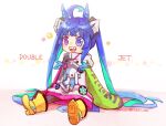  1girl @_@ absurdly_long_hair ahoge blue_eyes blue_hair boots crossed_bangs english_text full_body heterochromia hood hood_down hoodie horse_girl horse_tail long_hair open_mouth purple_eyes ruzuki_aaa sharp_teeth sitting sleeves_past_fingers sleeves_past_wrists smile solo stuffed_animal stuffed_rabbit stuffed_toy tail teeth twin_turbo_(umamusume) twintails twitter_username umamusume very_long_hair yellow_footwear 