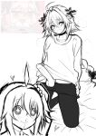  ! !! +_+ 1boy 1girl @_@ absurdres ahoge astolfo_(fate) blood blush braid braided_ponytail choker commentary embarrassed english_commentary english_text fate/grand_order fate_(series) fujimaru_ritsuka_(female) greyscale hair_between_eyes highres monochrome naoillus nosebleed open_mouth otoko_no_ko penis side_ponytail sketch smile sweat testicles 