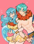  1boy 1girl abs bikini blue_hair closed_eyes eirika_(fire_emblem) eirika_(summer)_(fire_emblem) ephraim_(fire_emblem) ephraim_(summer)_(fire_emblem) fire_emblem fire_emblem:_the_sacred_stones fire_emblem_heroes flower flower_necklace frilled_bikini frills hair_between_eyes highres julianlynnnn long_hair official_alternate_costume open_mouth pink_background short_hair simple_background smile swimsuit teeth upper_teeth_only wristband yellow_bikini 