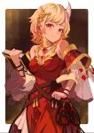  1girl bare_shoulders blonde_hair book breasts citrinne_(fire_emblem) cleavage dress earrings fire_emblem fire_emblem_engage gbbgb321 hair_ornament highres holding holding_book jewelry looking_at_viewer medium_breasts red_eyes short_hair smile solo 