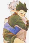  2boys blue_eyes blush brown_eyes comforting crying gon_freecss green_hair green_jacket green_shorts highres hug hunter_x_hunter jacket killua_zoldyck layered_sleeves long_sleeves male_child male_focus multiple_boys short_hair short_over_long_sleeves short_sleeves shorts spiked_hair teardrop tiorrr1 white_hair 